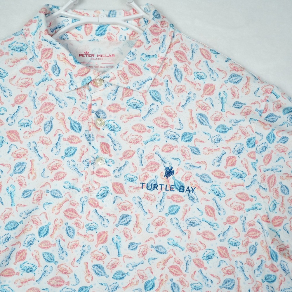 Peter Millar Seaside Pima Cotton Polo Shirt Mens Large Turtle Bay Nautical Print
